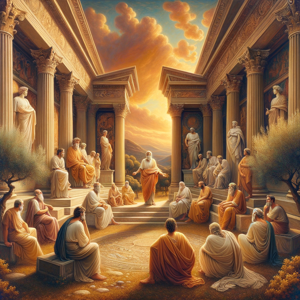 Ancient Greek philosophers in an open-air setting, teaching emotional regulation, surrounded by classical architecture and landscapes, inspired by 1960s historical epic films.
