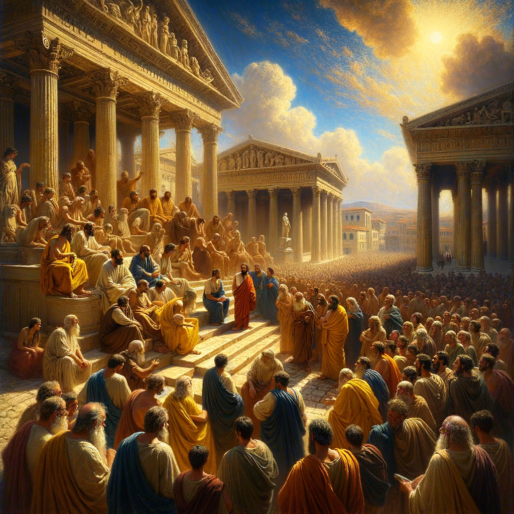 Apostle Paul engages in animated dialogue with diverse philosophers, including Epicurean and Stoic thinkers, in a grand 1960s epic-style depiction of the ancient Athenian agora.