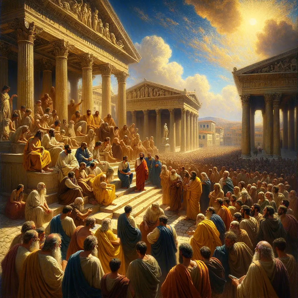 Apostle Paul engages in animated dialogue with diverse philosophers, including Epicurean and Stoic thinkers, in a grand 1960s epic-style depiction of the ancient Athenian agora.