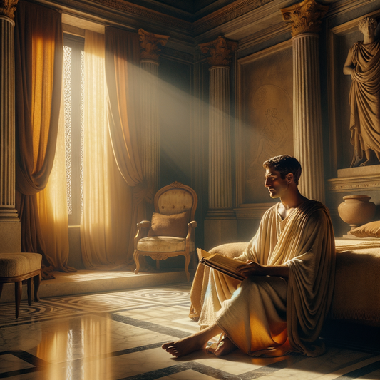 A Classical Roman philosopher in a toga by a bedside, engaging in thoughtful reflection, illustrating Stoic introspection during illness, reminiscent of 1960s historical films.