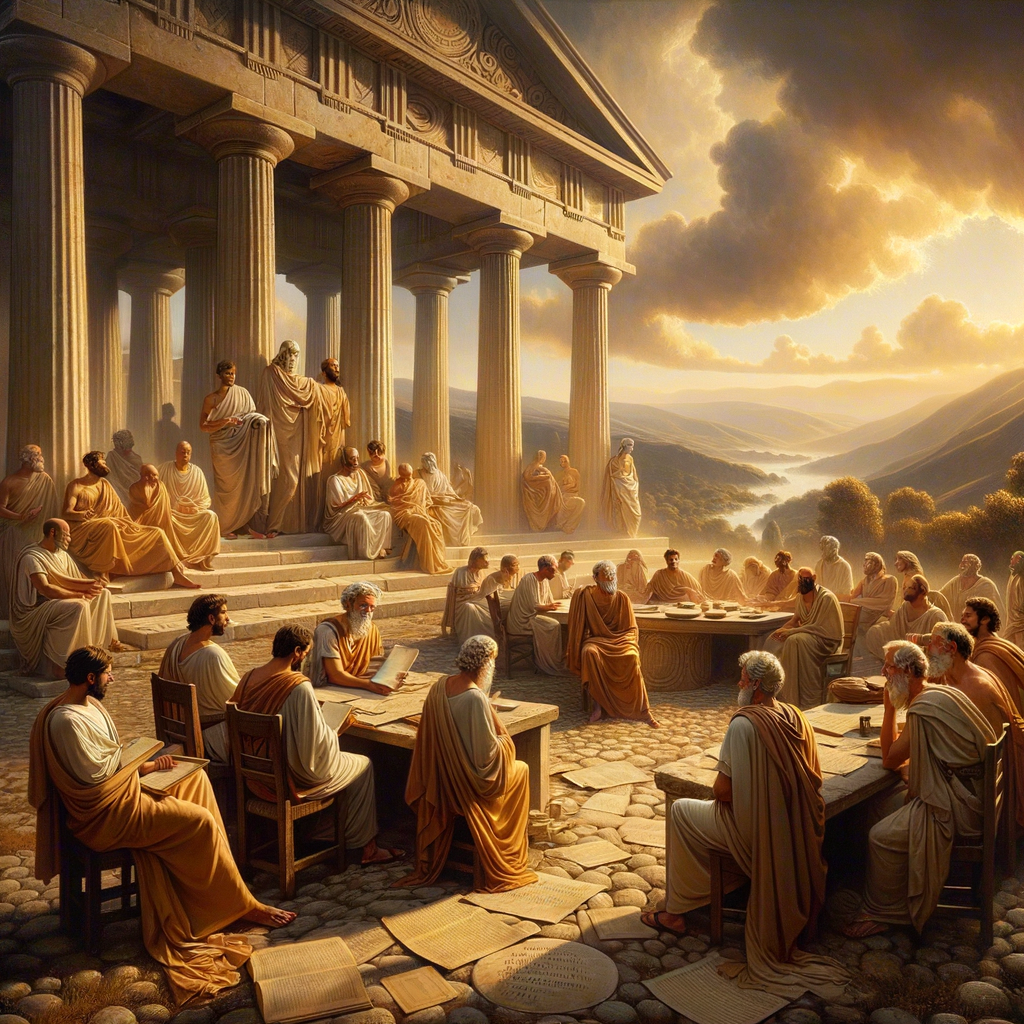 Ancient Greek philosophers in togas discuss Stoicism in a serene classical setting with columns and hills.