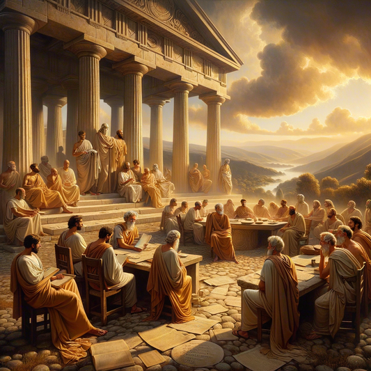 Ancient Greek philosophers in togas discuss Stoicism in a serene classical setting with columns and hills.