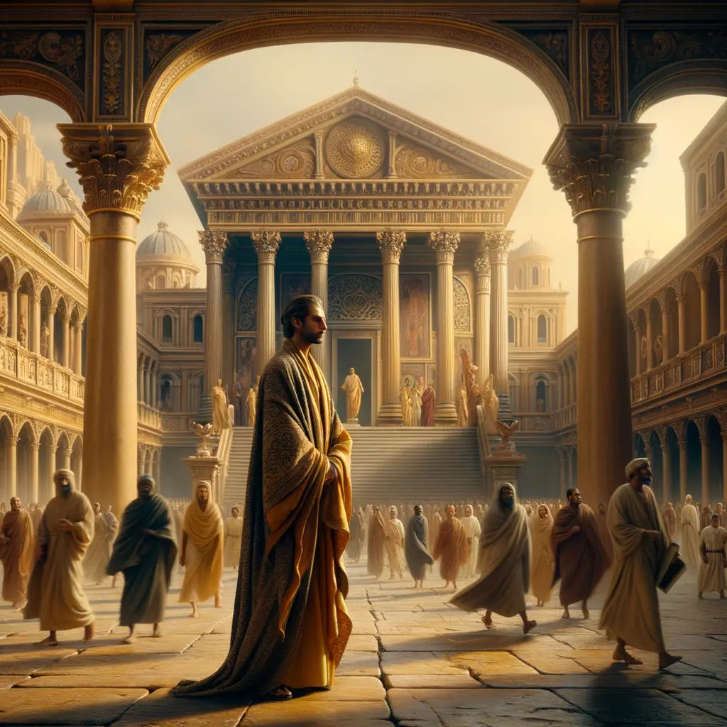 A Roman philosopher in a toga contemplating in a bustling ancient forum, surrounded by grand Roman architecture, in the style of classic historical films of the 1960s.