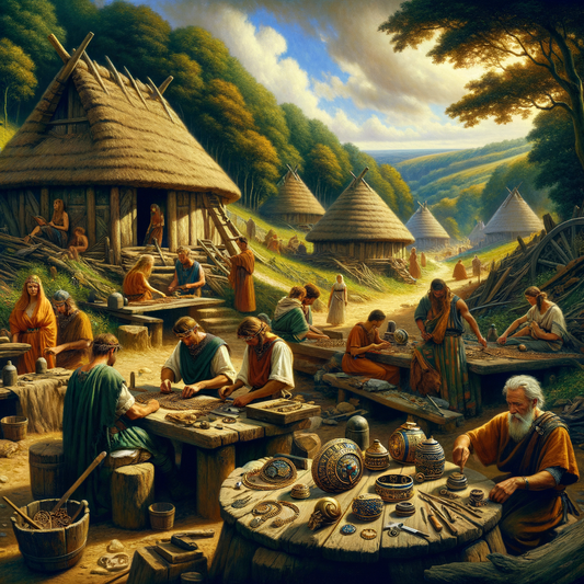 Gallic artisans crafting intricate nature-inspired jewelry in a forested village scene, styled like a 1960s historical film epic.