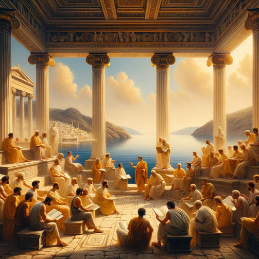 Ancient Athenian philosophers debating in a market with the Aegean Sea in the background, inspired by 1960s historical epic style films.
