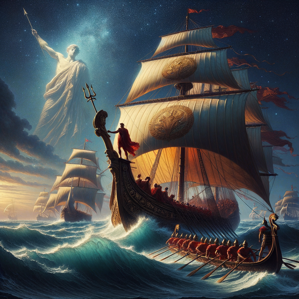 Roman trireme on turbulent seas at night, with mythological elements in the sky, inspired by classic Roman historical films of the 1960s.