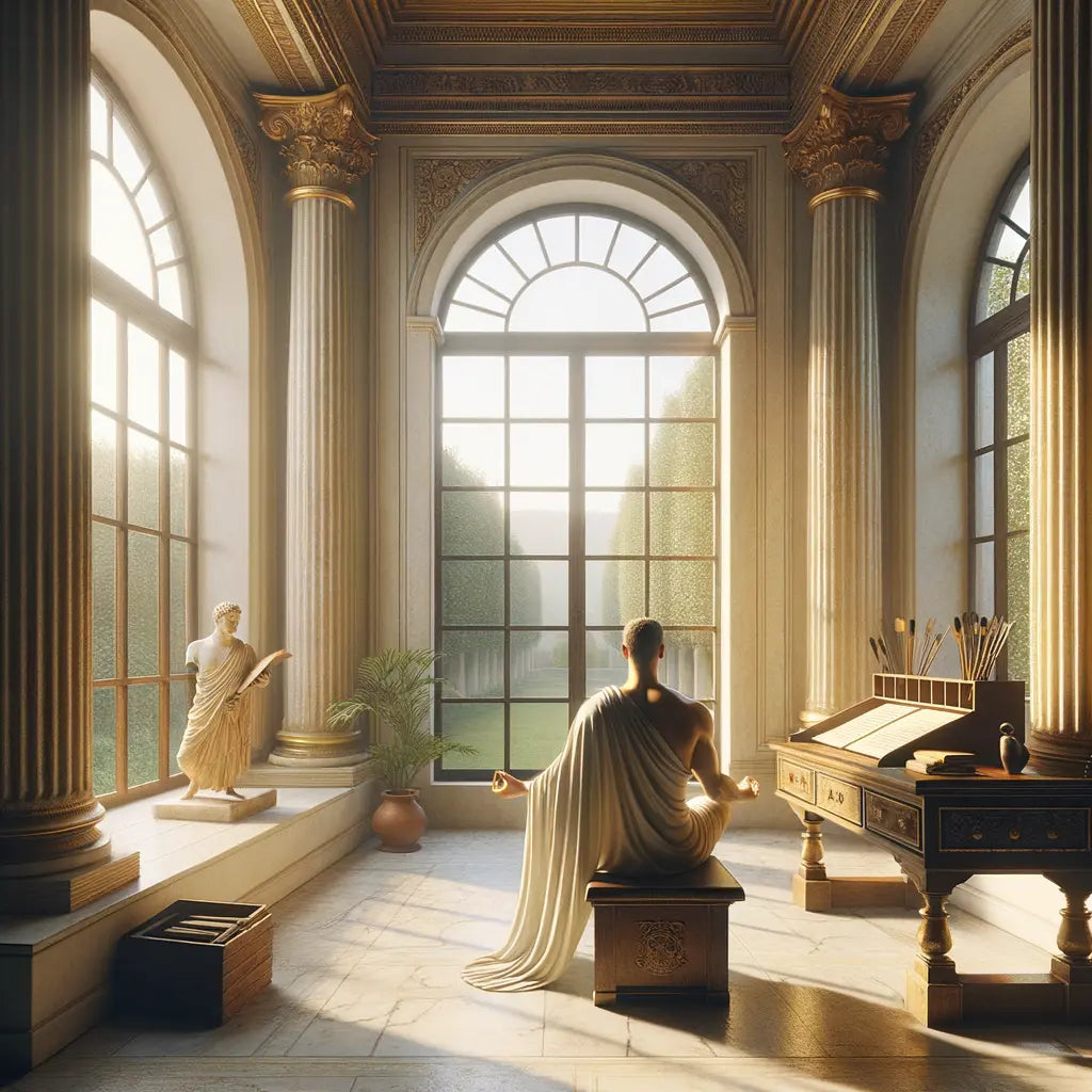 A serene Roman study room with a meditative figure by the window, styled like a 1960s historical epic painting.