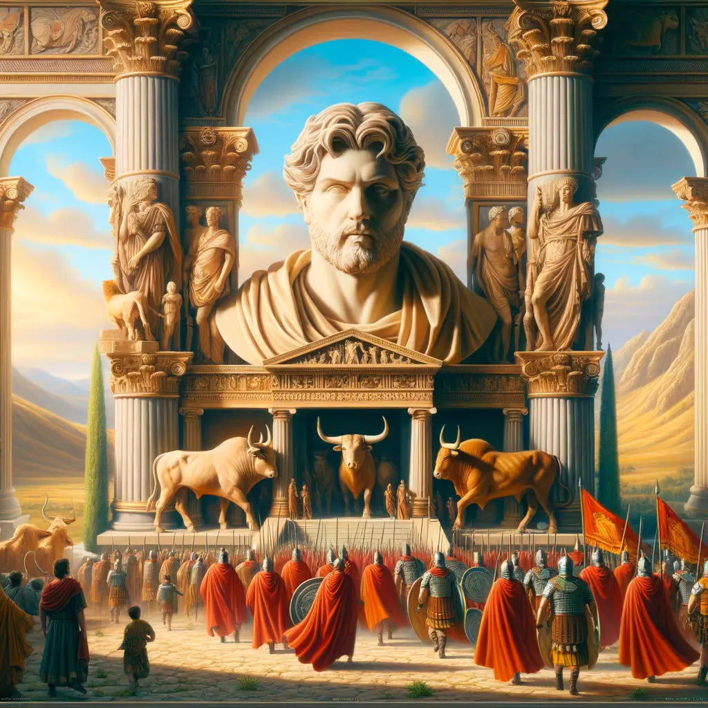 Marble bust of Julius Caesar with Roman columns and bull motifs, set before a vivid Roman legion scene, in a 1960s epic film style.