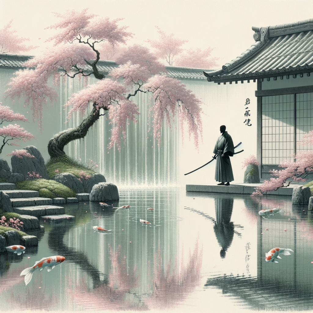 Ein ruhiger japanischer Garten mit blühenden Kirschblüten über einem Koi-Teich, wo ein einsamer Samurai mit einem Katana nachdenklich verharrt.