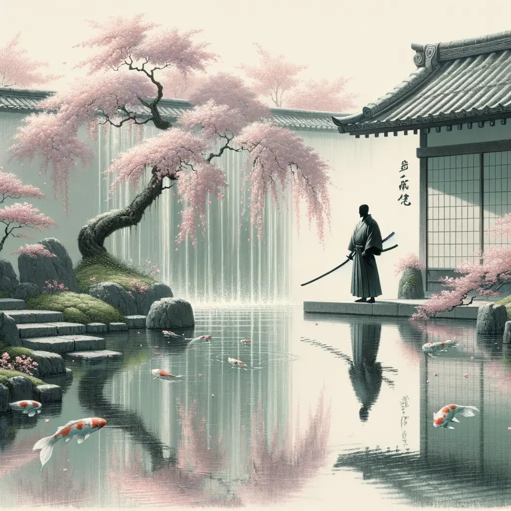 Ein ruhiger japanischer Garten mit blühenden Kirschblüten über einem Koi-Teich, wo ein einsamer Samurai mit einem Katana nachdenklich verharrt.