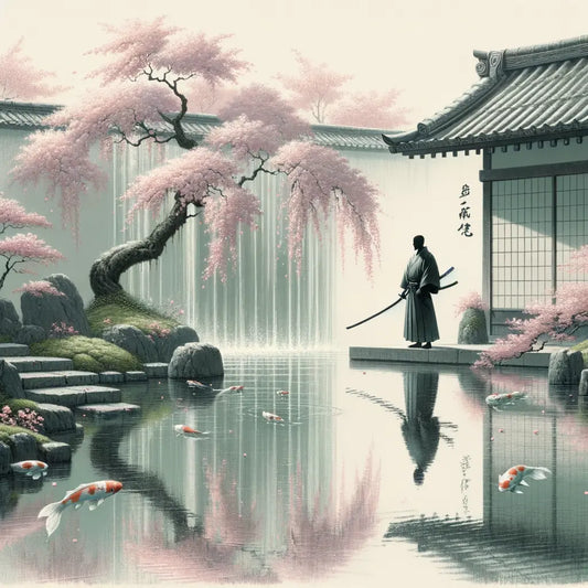 Ein ruhiger japanischer Garten mit blühenden Kirschblüten über einem Koi-Teich, wo ein einsamer Samurai mit einem Katana nachdenklich verharrt.