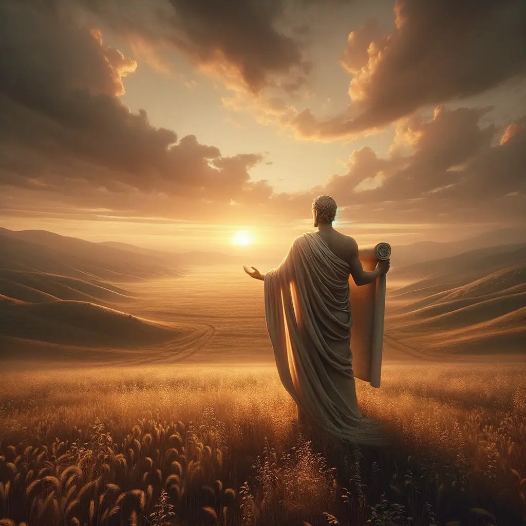 A solitary philosopher in toga with a scroll stands in a serene Roman field at sunrise, symbolizing a Stoic journey, inspired by 1960s historical films.