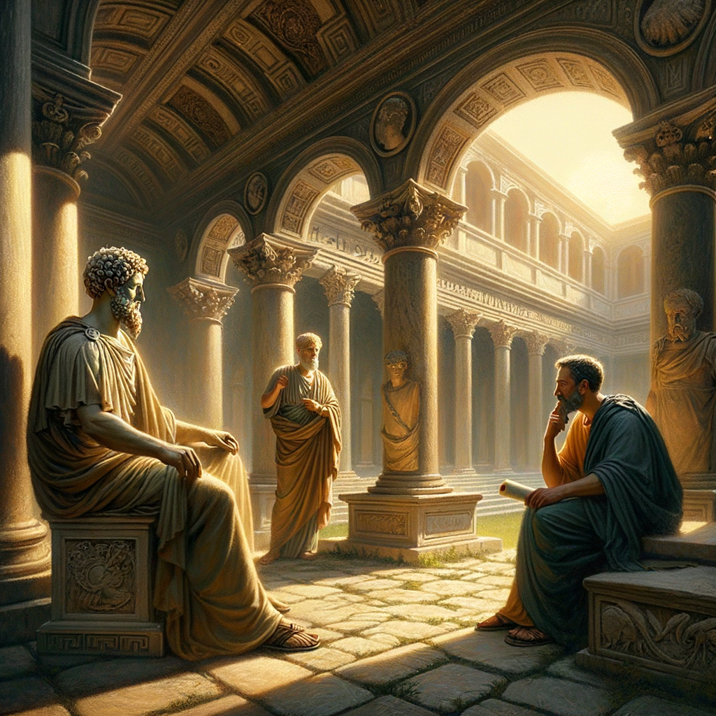 Stoic philosophers Marcus Aurelius, Seneca, and Epictetus in a serene ancient Roman courtyard, depicted in a 1960s historical film style.