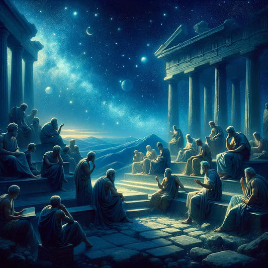 Ancient Greek philosophers engaged in discussion under a starlit sky, in a serene landscape reminiscent of 1960s historical epics.