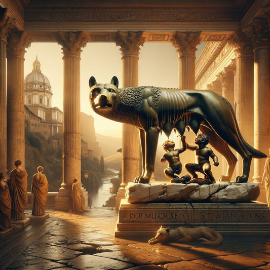 Sculpture of Cappitoline Wolf with Romulus and Remus, set in an ancient Roman landscape, evoking the mythic origins of Rome in a classic cinematic style.