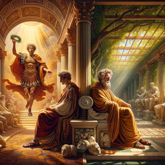 Mural of Marcus Aurelius as a young Salii priest and as an Emperor reflecting philosophically, in a style inspired by 1960s historical films.