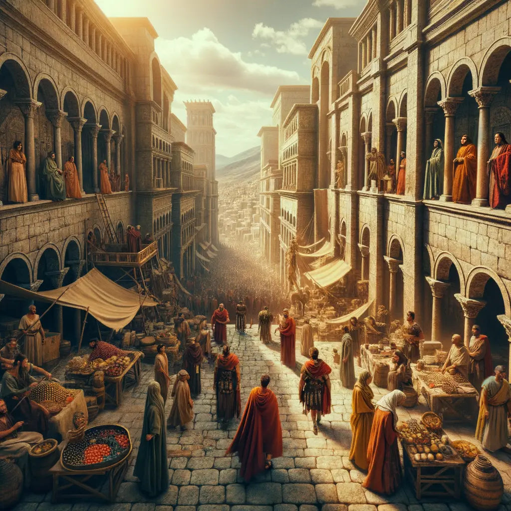 Aerial view of ancient Roman streets filled with traders, soldiers, and artisans in a vibrant, dramatic 1960s epic film style.