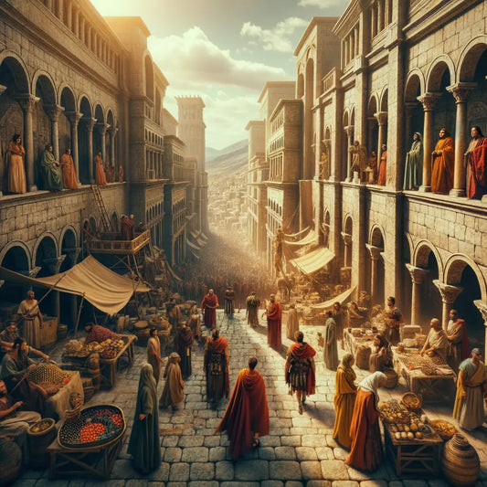 Aerial view of ancient Roman streets filled with traders, soldiers, and artisans in a vibrant, dramatic 1960s epic film style.