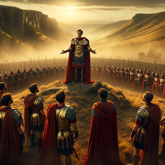 Julius Caesar addresses his troops on a Gallic battlefield, in a cinematic painting style inspired by 1960s historical films.