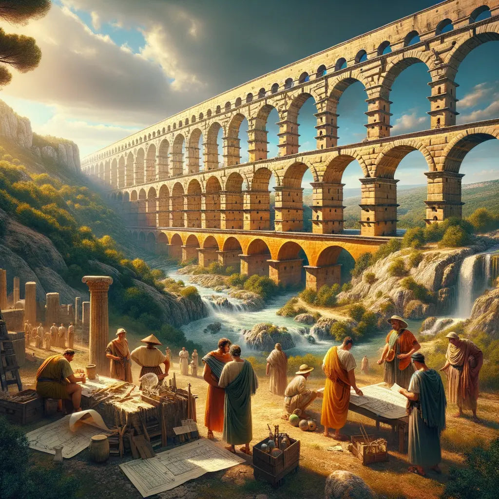 Pont du Gard aqueduct in a majestic setting with clear skies, capturing Roman engineering against lush Southern France terrain, styled like a 1960s historical epic.