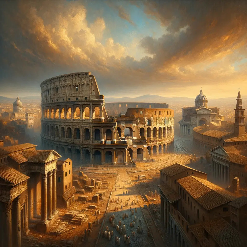 A majestic depiction of the Colosseum, Pantheon, and Roman Forum under a dramatic sky, evoking the grandeur of ancient Rome, inspired by 1960s historical epics.