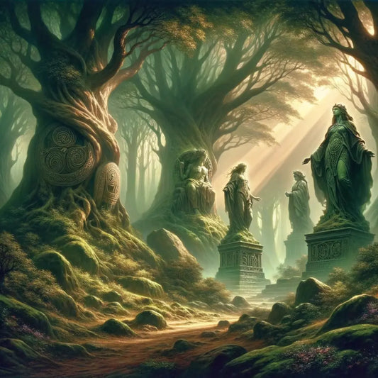 Mystical Celtic forest landscape featuring statues of Dagda, Brigid, and Lugh with ethereal lighting, in the style of a 1960s historical epic.