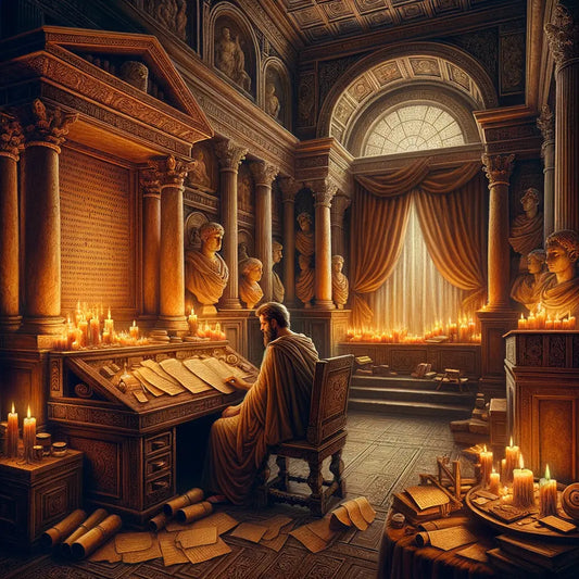 An ancient Roman philosopher in a study with letters and scrolls under dim candlelight, evoking timeless wisdom.