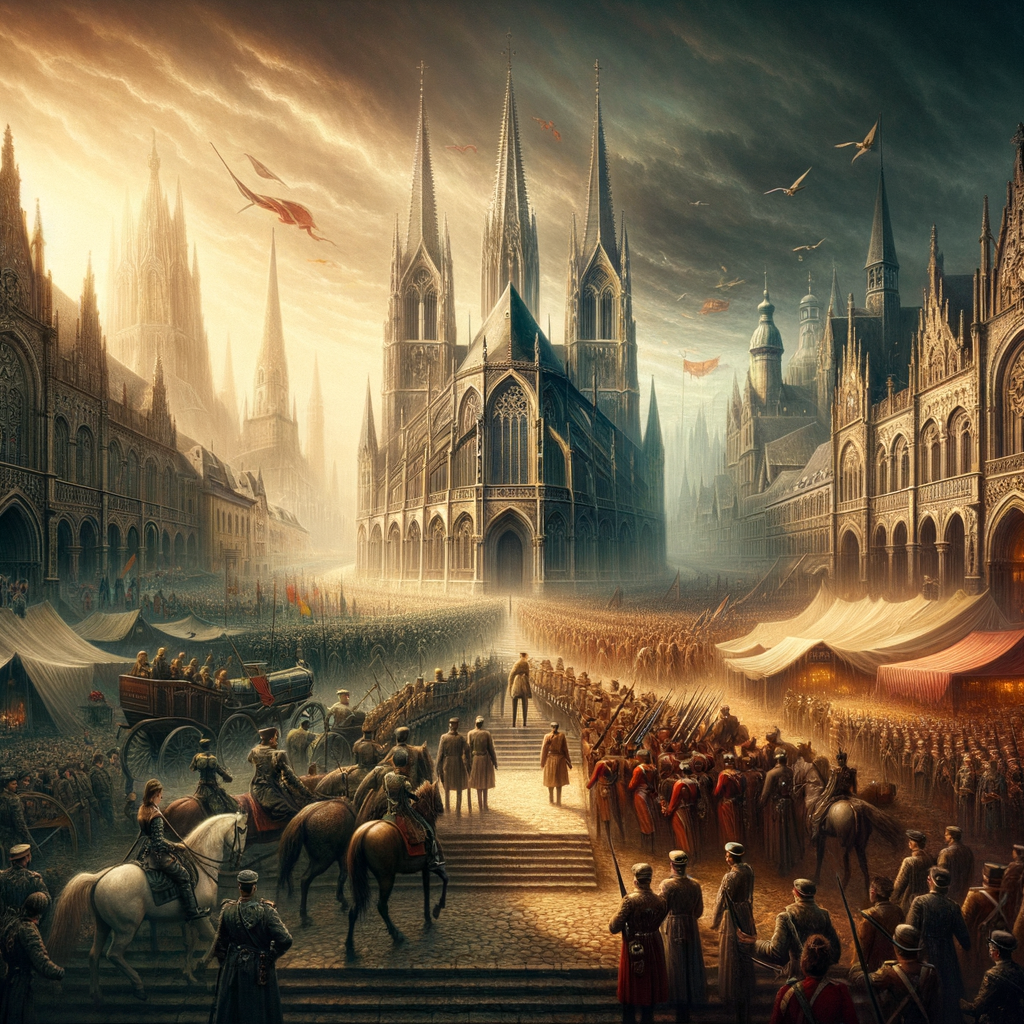 Historical collage showing the evolution of German power: Holy Roman Empire, German Empire, and Nazi Germany, in a cinematic style reflecting 1960s epics.