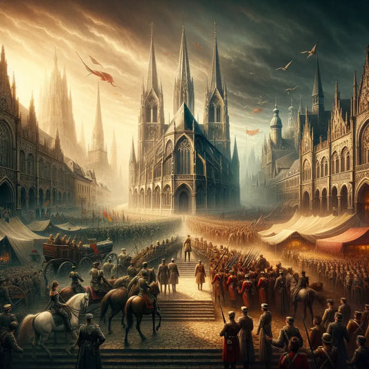 Historical collage showing the evolution of German power: Holy Roman Empire, German Empire, and Nazi Germany, in a cinematic style reflecting 1960s epics.