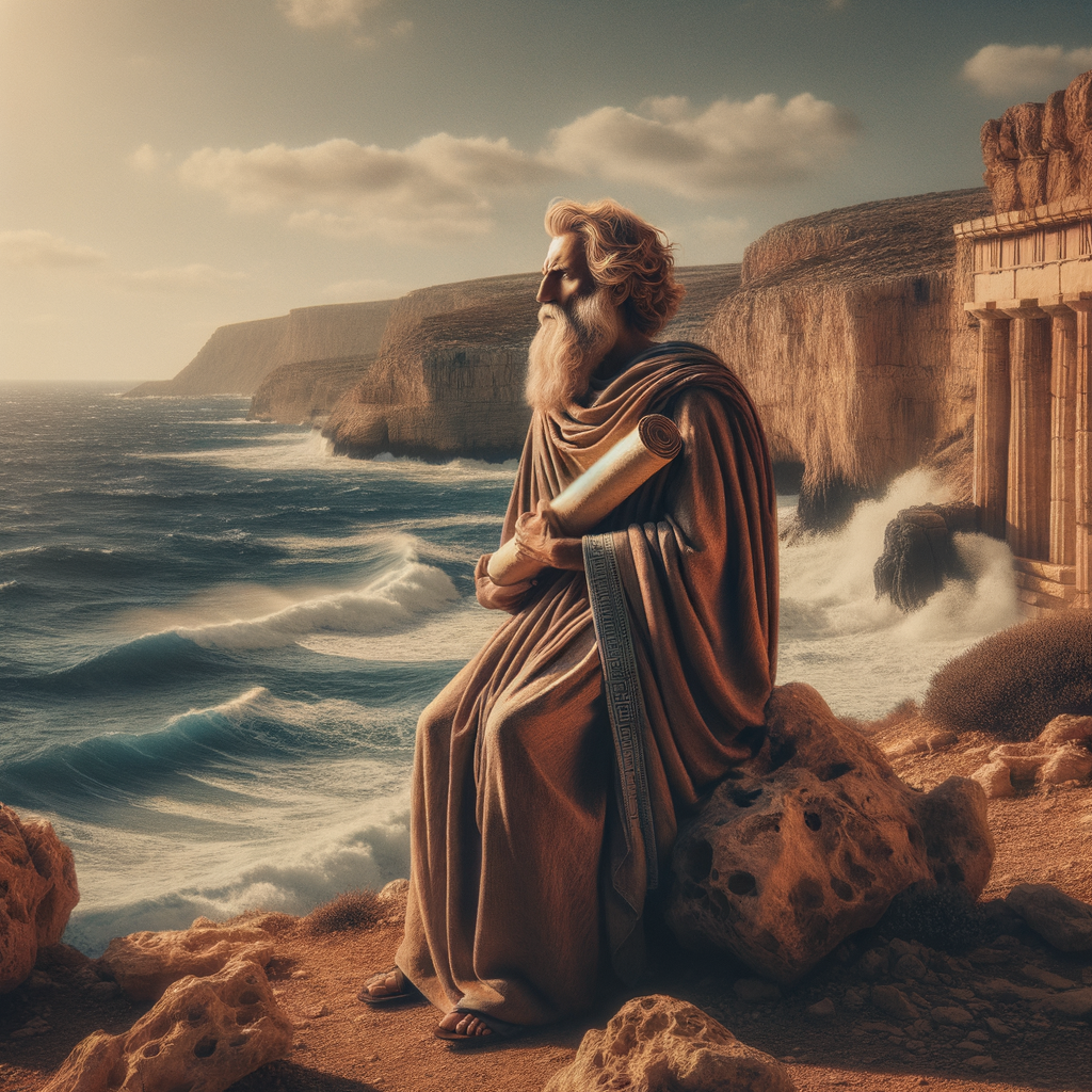Ancient Greek philosopher holding a scroll, standing calmly by the sea, reflecting wisdom and resilience in a style inspired by 1960s historical epics.