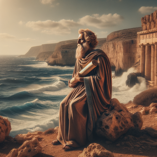 Ancient Greek philosopher holding a scroll, standing calmly by the sea, reflecting wisdom and resilience in a style inspired by 1960s historical epics.