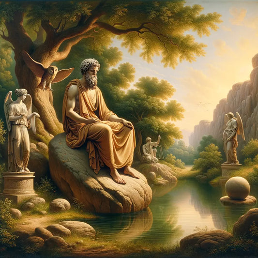 Ancient Greek philosopher surrounded by symbols of Stoic virtues in a peaceful natural setting, inspired by 1960s historical films.