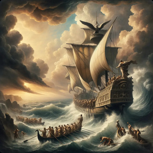 Roman ship braving stormy seas toward golden shores, symbolizing the journey to Stoic virtues, in a style inspired by 1960s historical epics.
