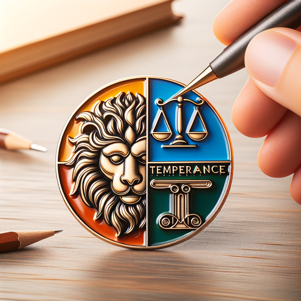 Enamel pin depicting Stoic virtues: a lion for courage, scales for temperance, scroll for wisdom, and sword for justice, on a minimalist background.