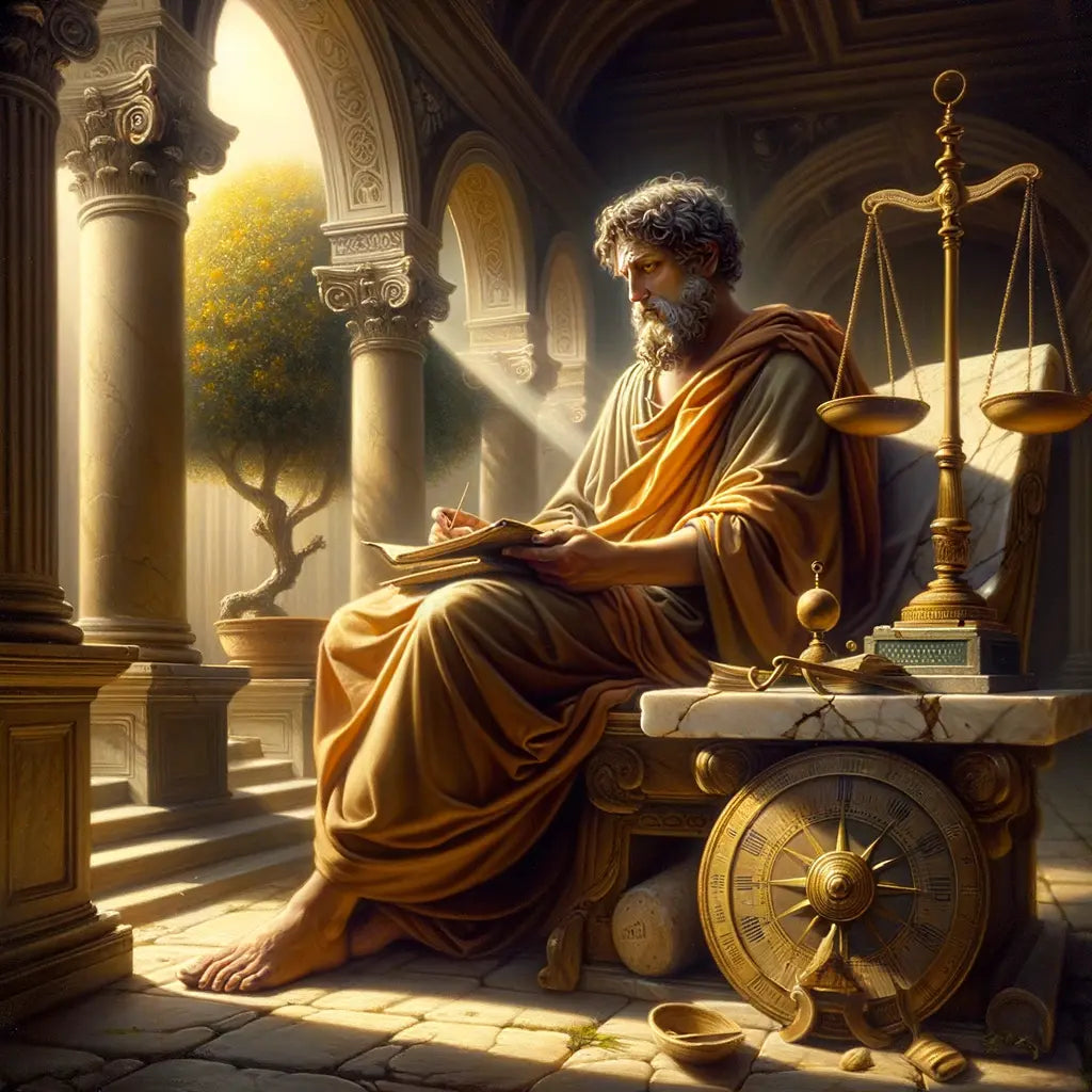 Ancient philosopher in a Roman garden, surrounded by symbols of virtues: compass, oak tree, scale, and lyre, inspired by classic 1960s historical film style.