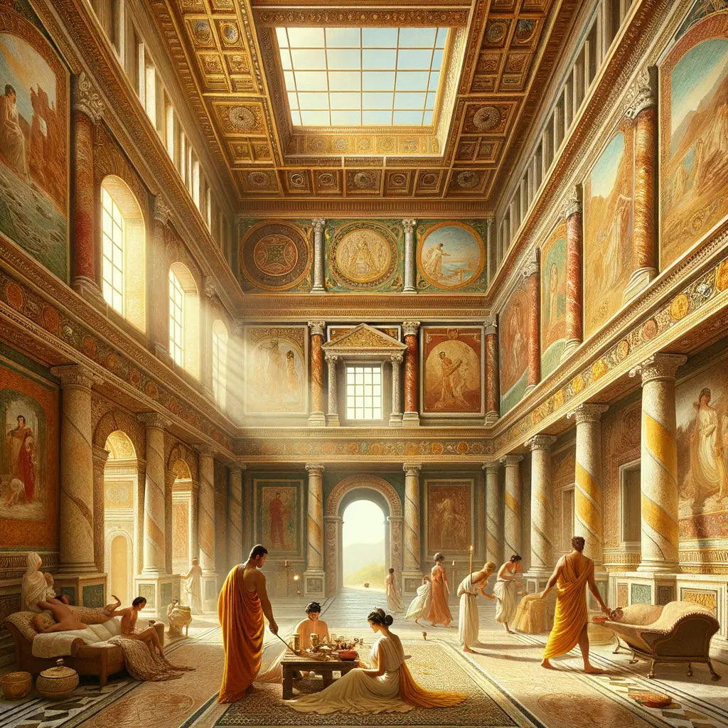 Interior of an ancient Roman villa with frescoed walls showing illusionary marbles and architectural panoramas.