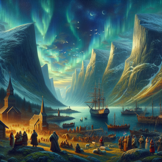 Majestic Nordic landscape with fjords, northern lights, and historical landmarks in a cinematic style.
