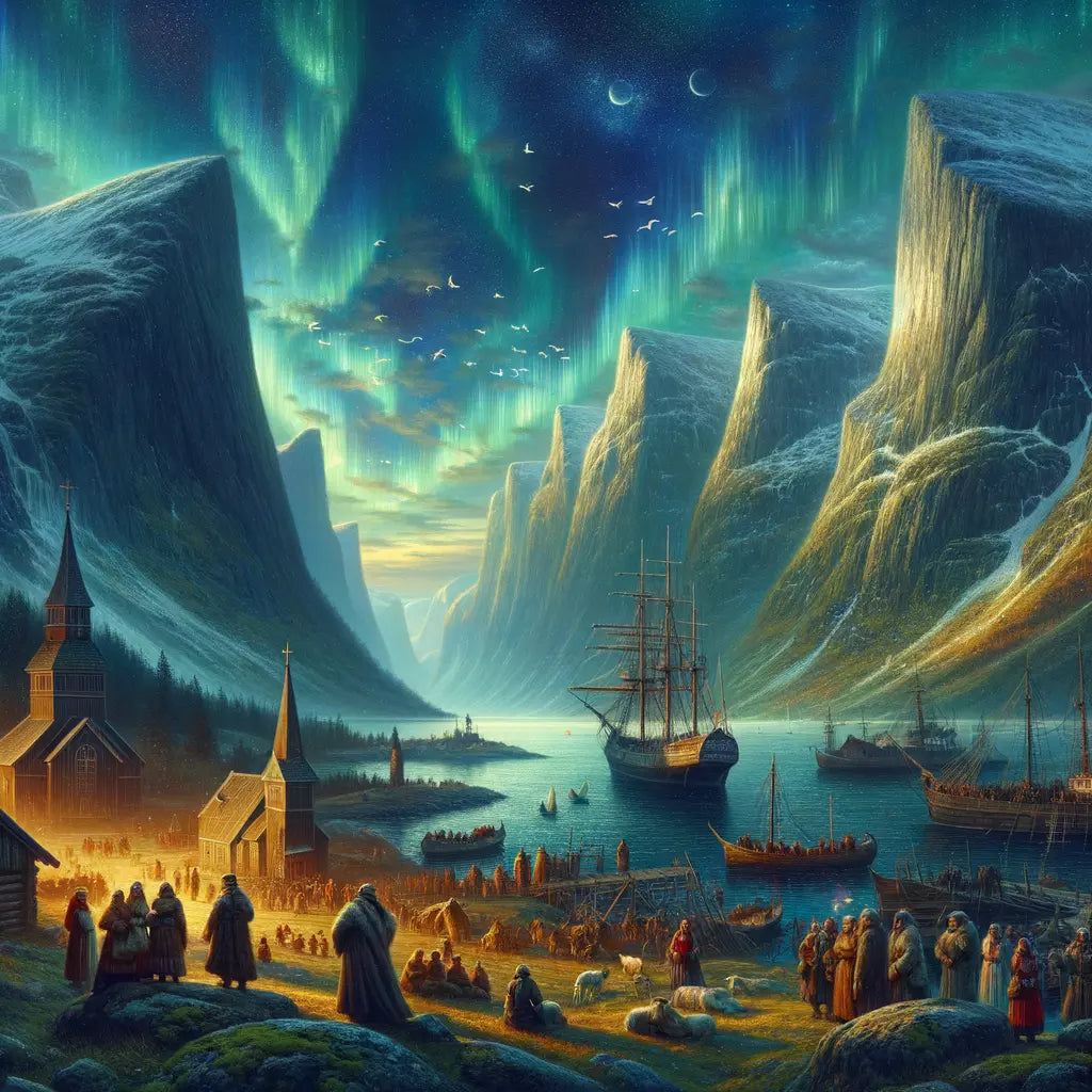 Majestic Nordic landscape with fjords, northern lights, and historical landmarks in a cinematic style.