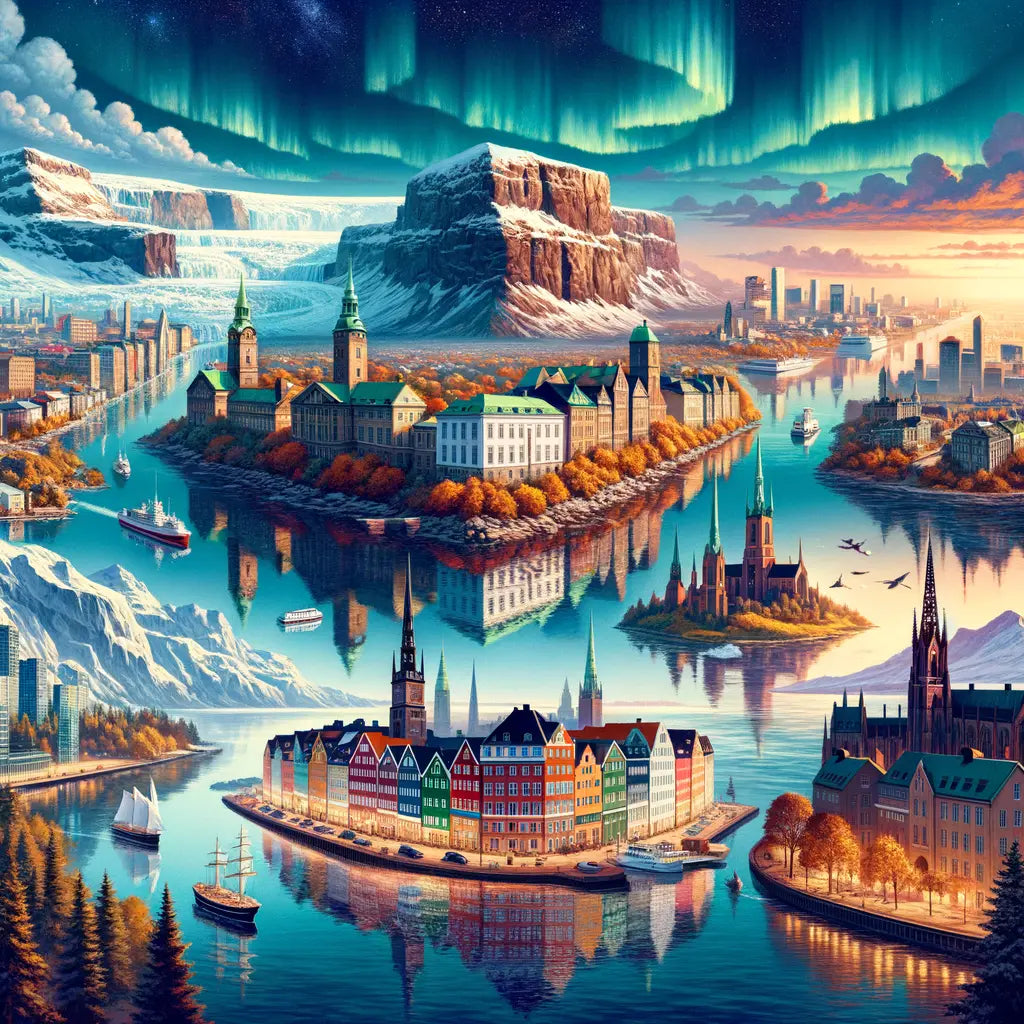 Panoramic painting of Nordic landscapes: Copenhagen streets, Norwegian fjords with Northern Lights, Stockholm cityscape, Finnish forests, and Icelandic glaciers and volcanoes in cinematic style.