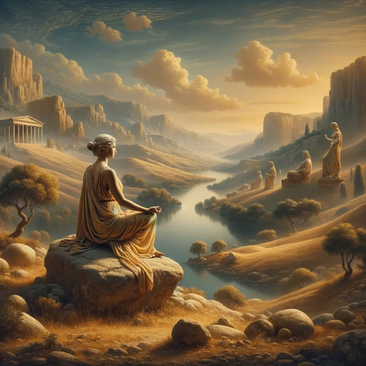 A Roman philosopher meditates in a serene natural landscape, embodying Stoic principles, in a historical epic style.