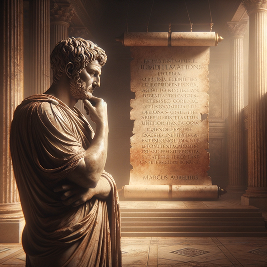 Reflective statue of Roman Emperor with Latin inscriptions on a scroll, inspired by Roman historical films of the 1960s.