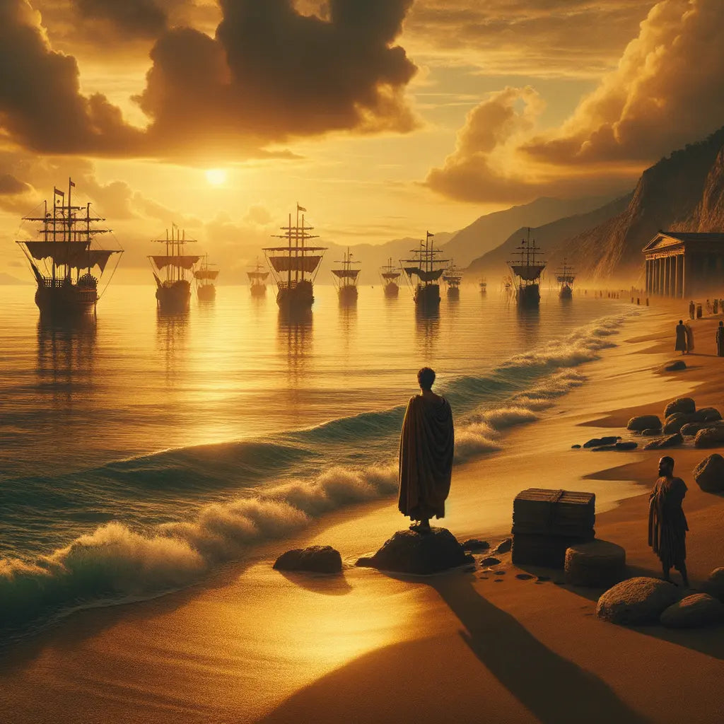 Serene Roman beach scene with gentle waves and silhouette of Marcus Aurelius, inspired by 1960s historical films, symbolizing Stoic principles.