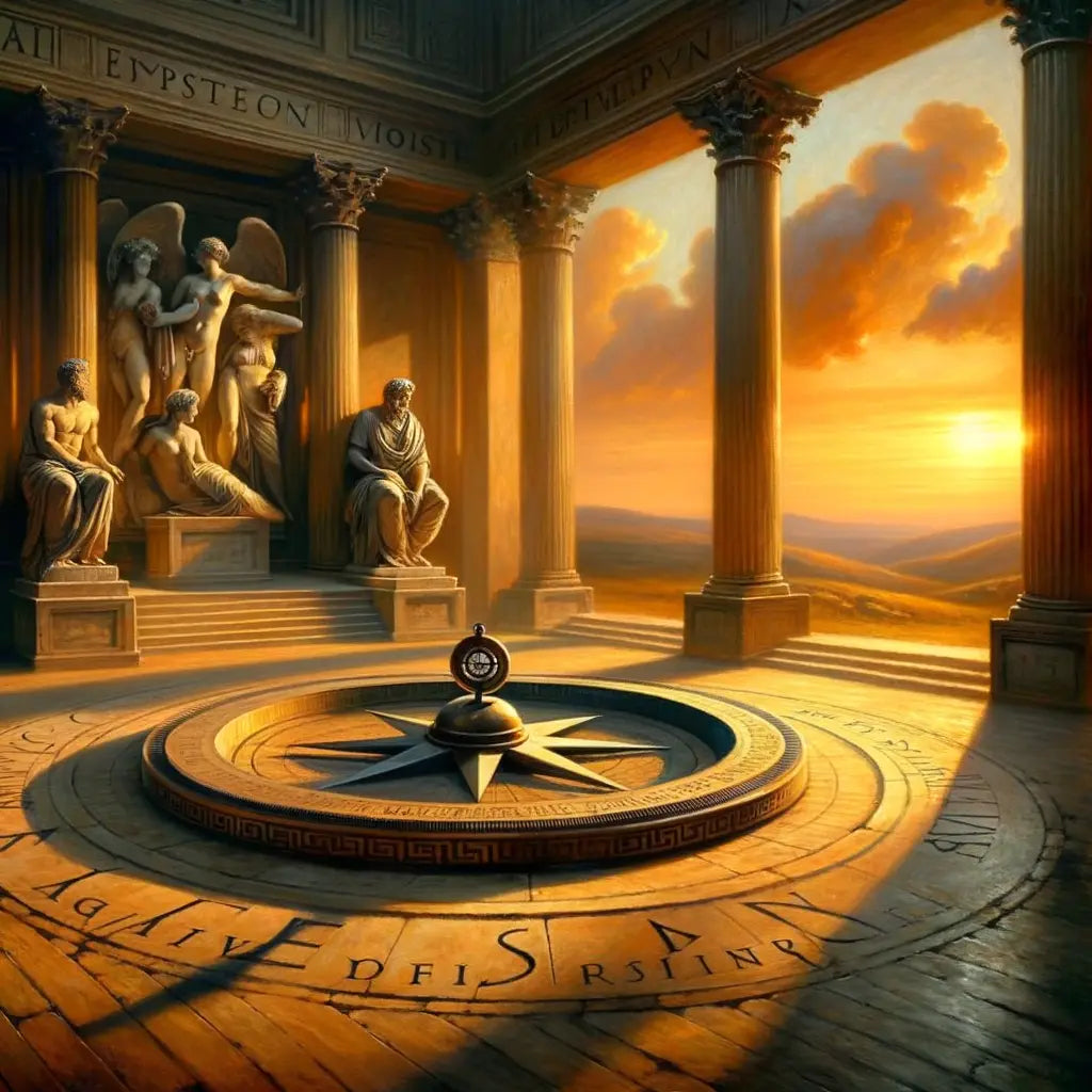 A majestic Roman compass surrounded by symbols of the four Stoic virtues on a serene ancient landscape, inspired by 1960s historical epics.
