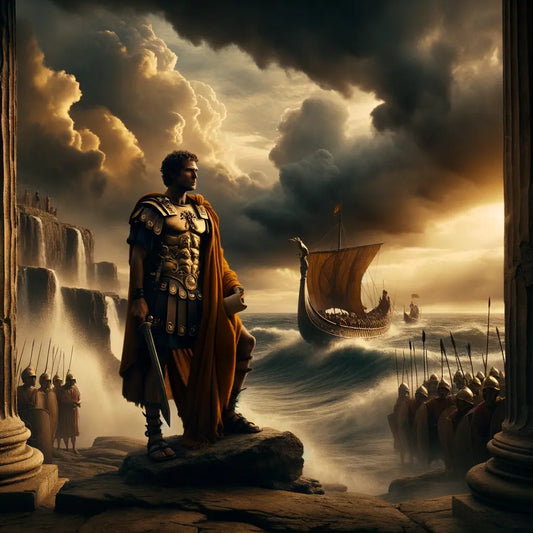 Roman naval commander observing galleys in stormy seas, framed by ancient Roman architecture, evoking 1960s historical epic style.
