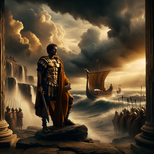 Roman naval commander observing galleys in stormy seas, framed by ancient Roman architecture, evoking 1960s historical epic style.