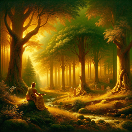 A contemplative figure in a flowing toga sits peacefully in a sunlit forest, embodying the philosophy of ancient Greco-Roman thinkers, in a style reminiscent of classic 1960s epics.