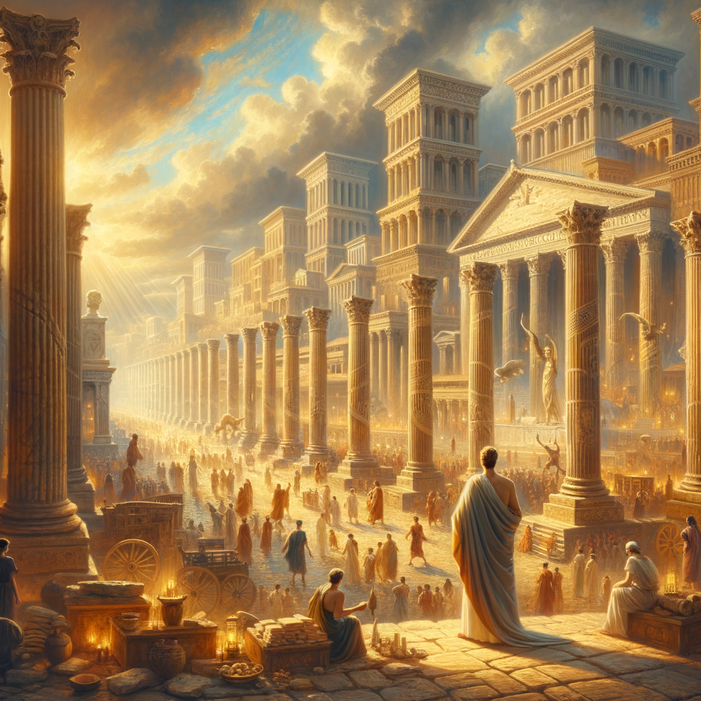 Majestic ancient Roman architecture with towering columns set in a bustling cityscape, capturing the essence of power and innovation.