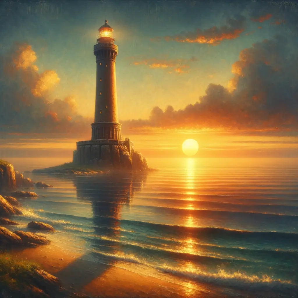 A tranquil seascape at sunrise with a lighthouse enduring the waves, symbolizing resilience and wisdom, in a style inspired by 1960s historical epics.