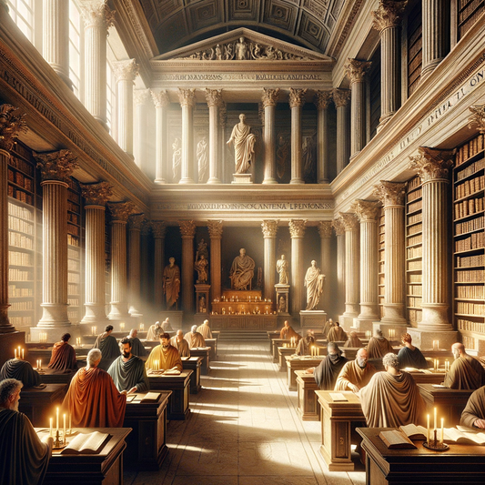 A serene ancient Roman library with philosophers studying texts, captured in a style reminiscent of 1960s historical epics.