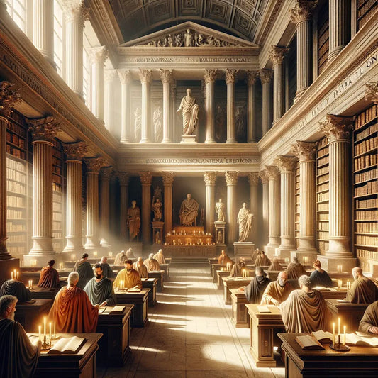A serene ancient Roman library with philosophers studying texts, captured in a style reminiscent of 1960s historical epics.